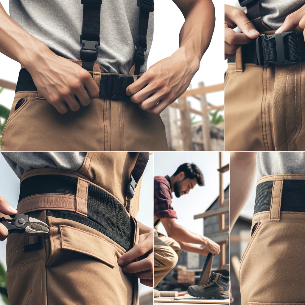 サイズとフィット感の重要性: 調整可能なベルトと伸縮性のあるウエストバンドを備えた作業用半ズボンのクローズアップ