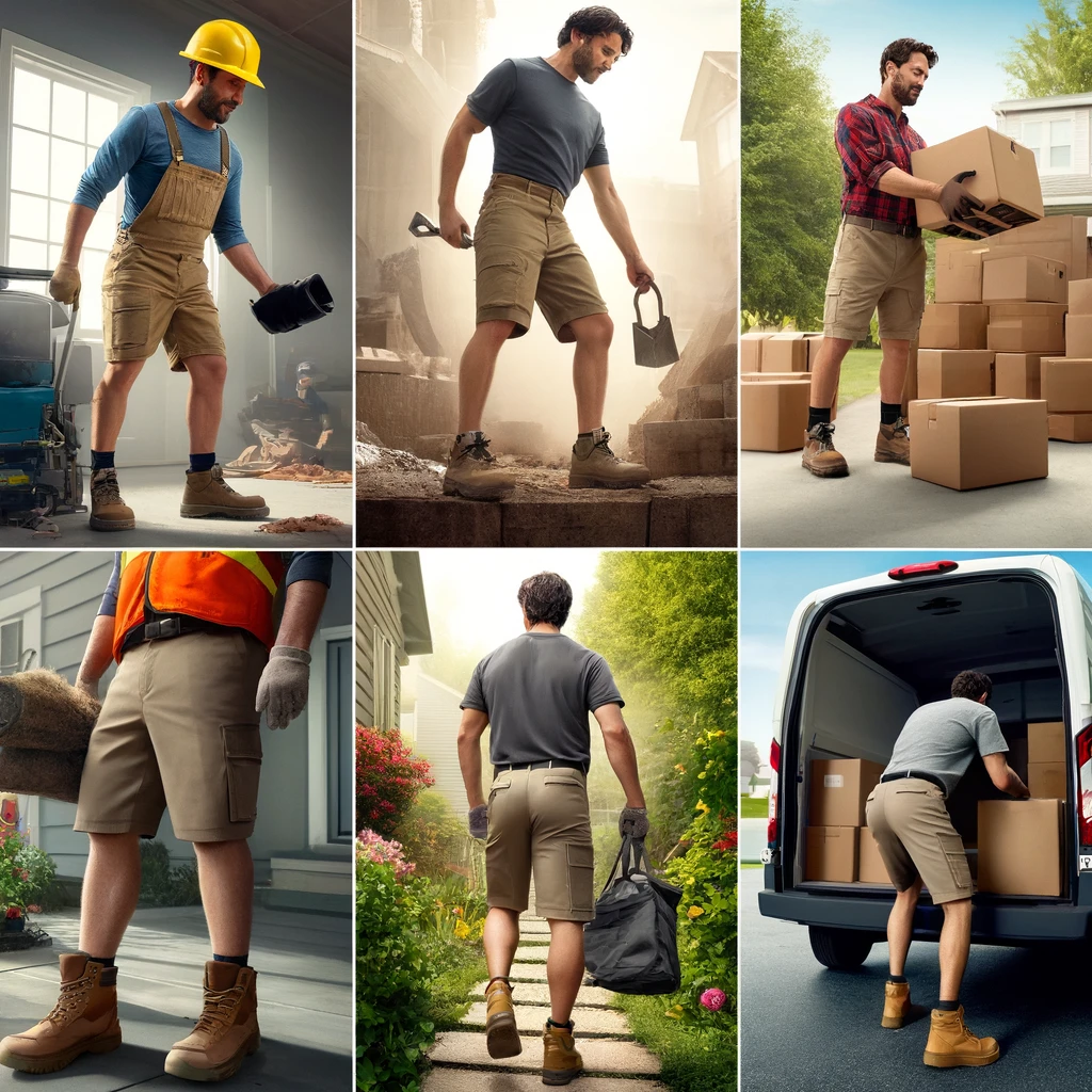 ハーフパンツ作業着の実際の活用法: 建設現場での重い資材の運搬、庭での造園作業、車から降りる配送作業員