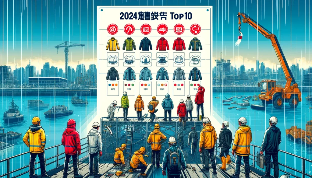 2024年最新の最強カッパランキングTOP10を示すイラスト。様々な高品質なカッパを着た建設作業員が雨の中で作業しているシーン。