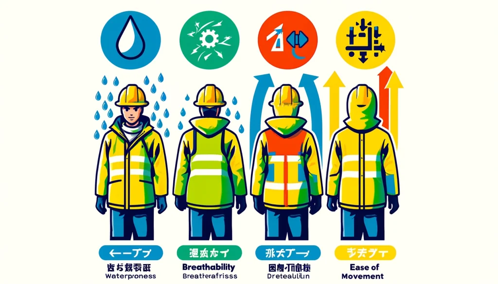 現場のプロが教える！失敗しないカッパ選びの4つの鉄則を示すイラスト。防水性、透湿性、耐久性、動きやすさを表現した画像。