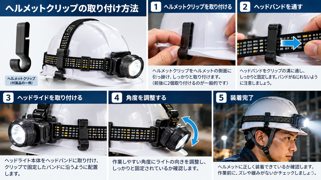 ヘルメットクリップを使ってヘッドライトを固定する5つの手順を示した図解