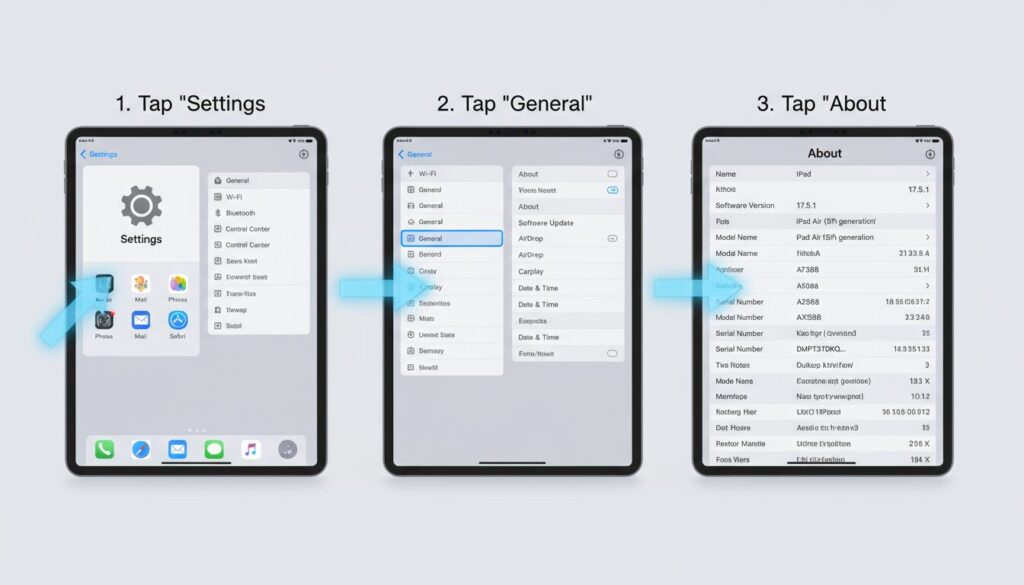 ipadの「設定」→「一般」→「情報」の操作手順がわかるイラスト画像