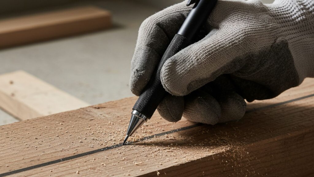 作業用の手袋をはめた手が、フエキ「ガリゴリ」 またはPica-Marker のようなタフなシャーペンを持ち、角材に力強く線を引いている(墨付けをしている)クローズアップ。木の粉やコンクリートの質感が感じられる、力強いイメージ。