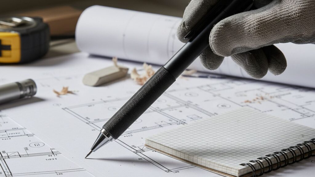 現場事務所の机の上。広げられた図面と測量野帳の上に、ぺんてる「グラフギア1000」 が置かれている。その精密なペン先(ガイドパイプ)がボディに収納される「カチッ」という瞬間を捉えたような、メカニカルで堅牢なイメージ。