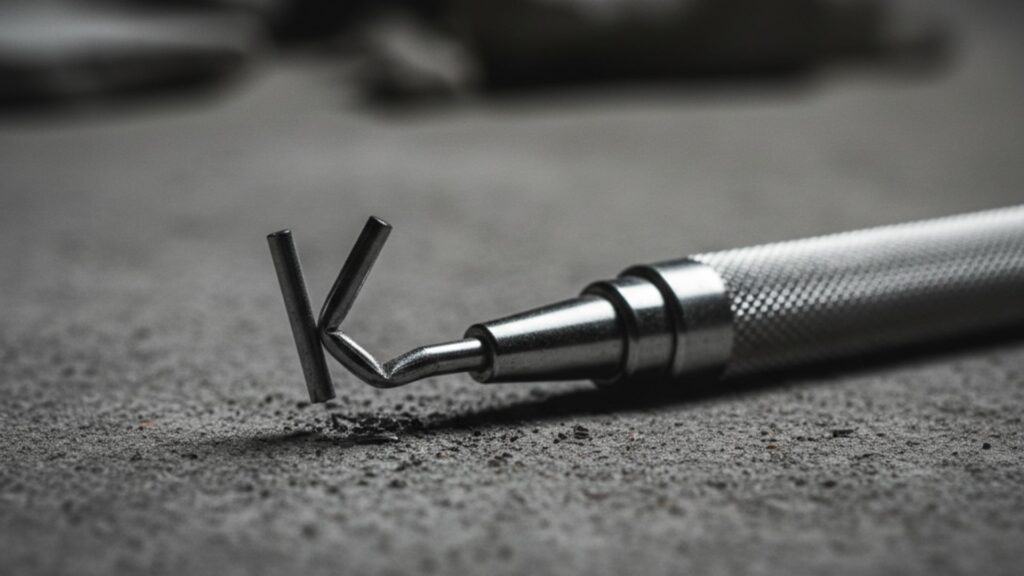 コンクリートの床に落とされ、先端の精密な4mmガイドパイプが「く」の字に曲がってしまった製図用シャーペンの悲劇的なクローズアップ 。または、Pica 7070のレビュー にあるような、内部で芯が粉々になった様子を表現する、暗く注意喚起を促すイメージ。