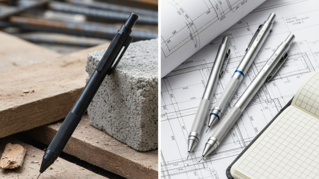 画面を左右に二分割する。左側は、木材やコンクリートの背景に、フエキ「ガリゴリ」のような2.0mmの極太シャーペン 。右側は、設計図や野帳の背景に、ぺんてる「グラフギア1000」のような精密な0.5mmシャーペン 。『A: マーキング』と『B: 精密筆記』の選択を視覚的に表現する。