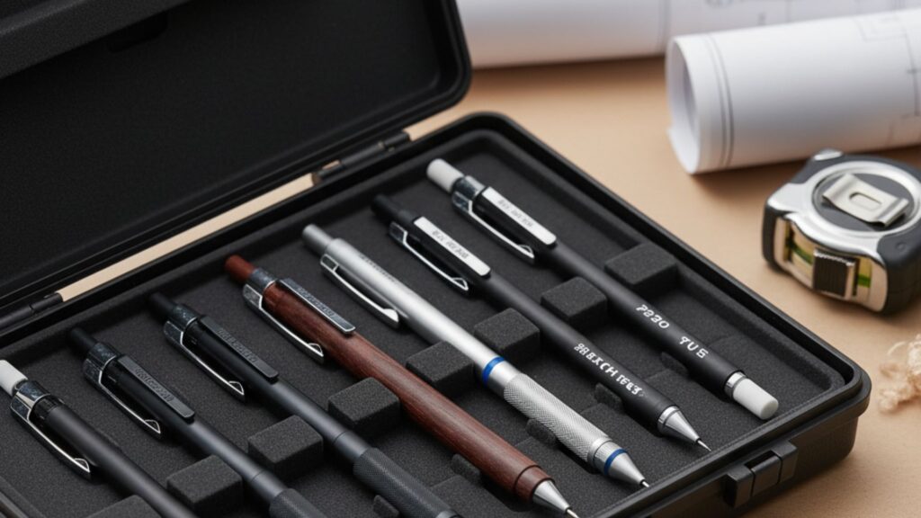 この記事で紹介された「ガリゴリ」、「グラフギア1000」、「S20」、「タフ」 など、様々なタイプのシャーペンが、プロの工具箱やペンケースに整然と並べられている。読者が「自分に最適な一本を選ぶ」というポジティブな印象を与える、明るいイメージ。