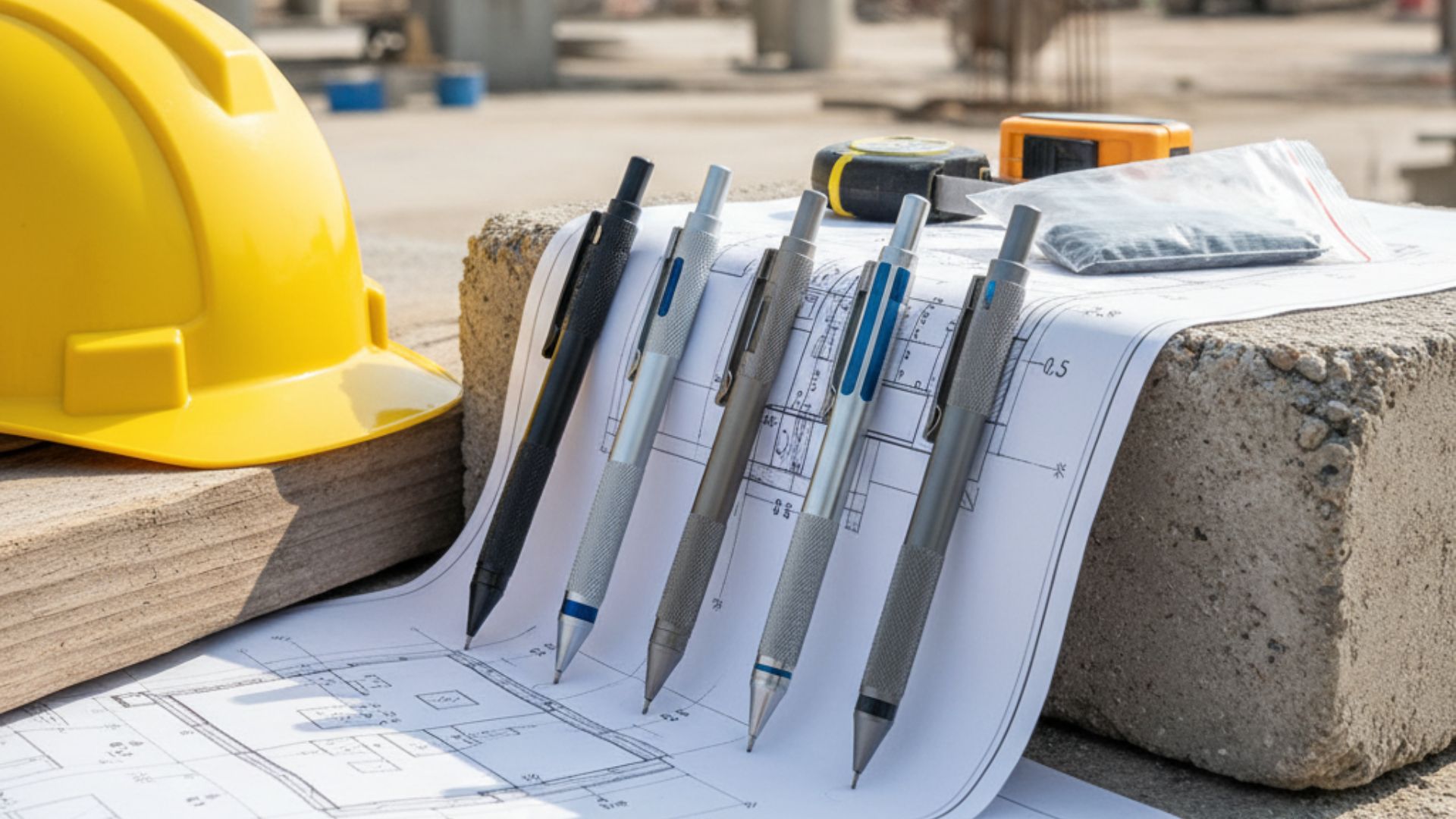 建設現場のヘルメットの横で、広げられた設計図面とコンクリートブロックの上に、頑丈そうな金属製のシャープペンシルが置かれている。プロフェッショナルな雰囲気を伝える、横長のリアリスティックな写真。